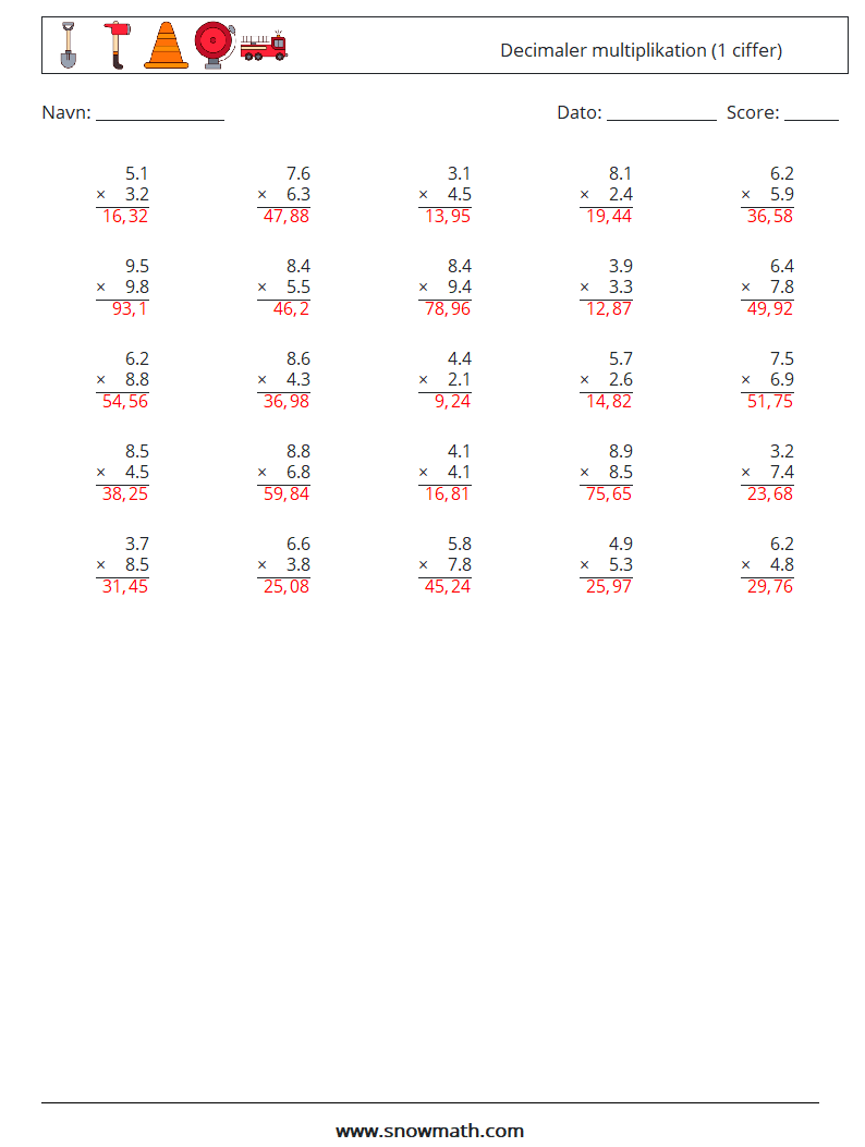 (25) Decimaler multiplikation (1 ciffer) Matematiske regneark 15 Spørgsmål, svar