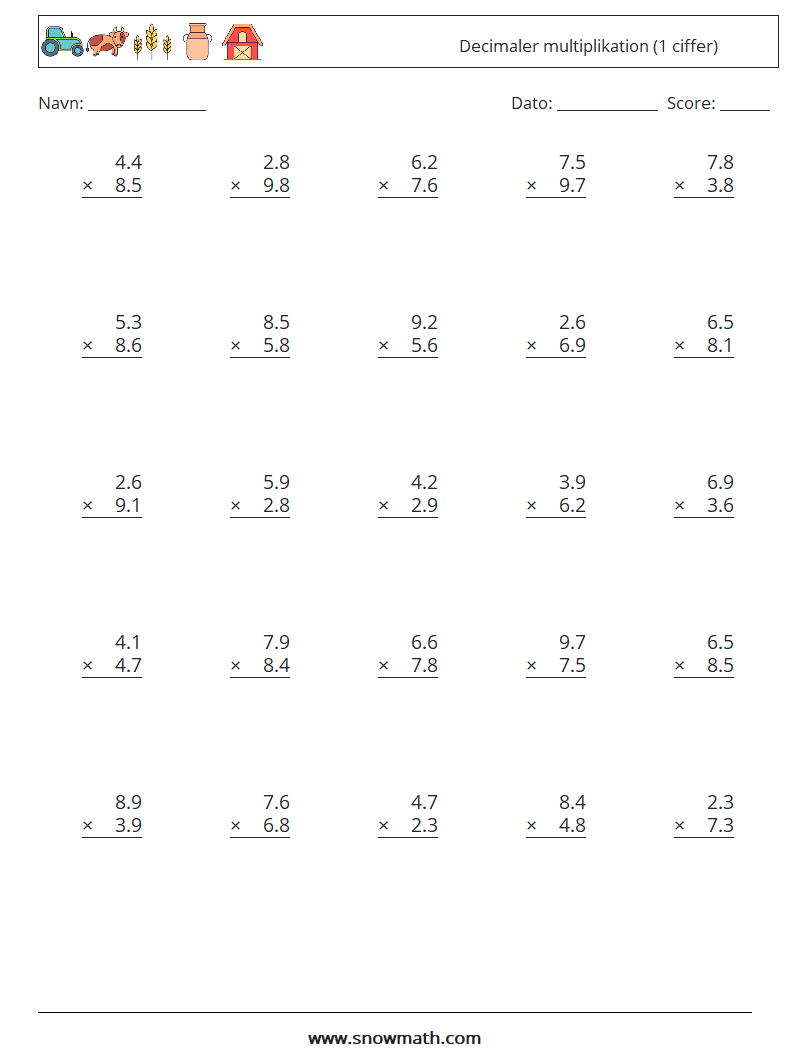 (25) Decimaler multiplikation (1 ciffer) Matematiske regneark 16