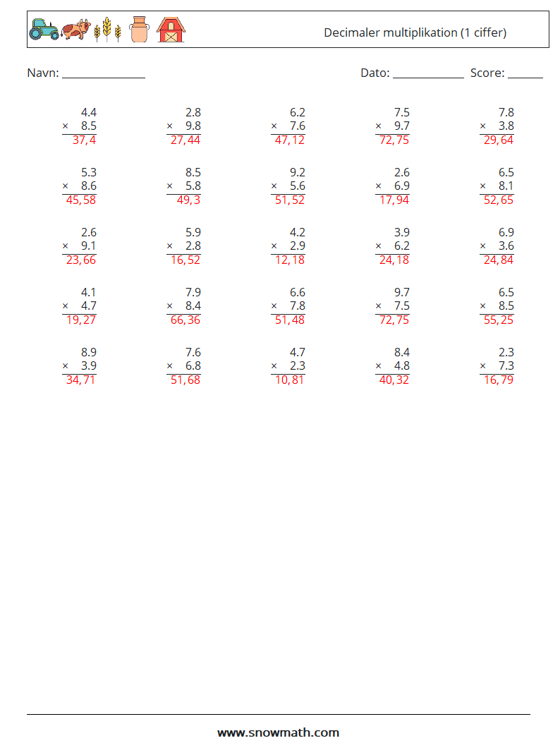 (25) Decimaler multiplikation (1 ciffer) Matematiske regneark 16 Spørgsmål, svar