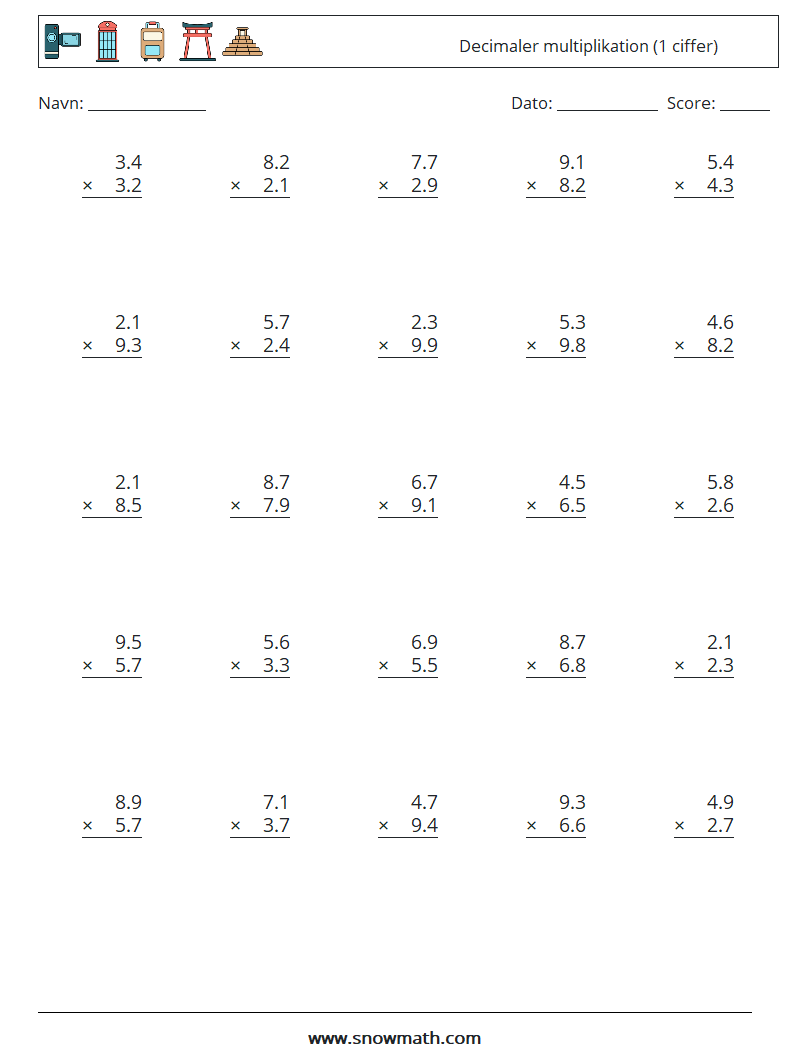 (25) Decimaler multiplikation (1 ciffer) Matematiske regneark 17
