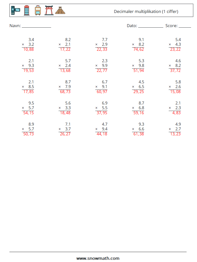 (25) Decimaler multiplikation (1 ciffer) Matematiske regneark 17 Spørgsmål, svar