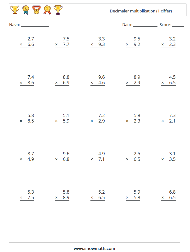(25) Decimaler multiplikation (1 ciffer) Matematiske regneark 18