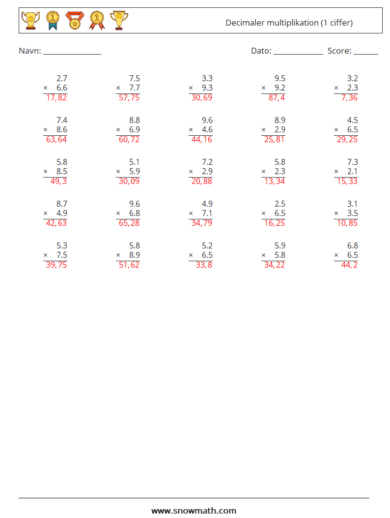 (25) Decimaler multiplikation (1 ciffer) Matematiske regneark 18 Spørgsmål, svar