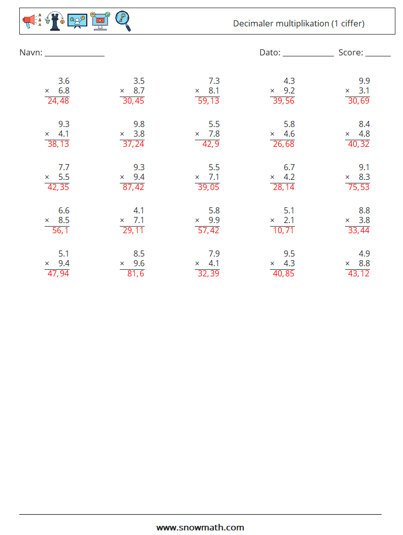 (25) Decimaler multiplikation (1 ciffer) Matematiske regneark 1 Spørgsmål, svar