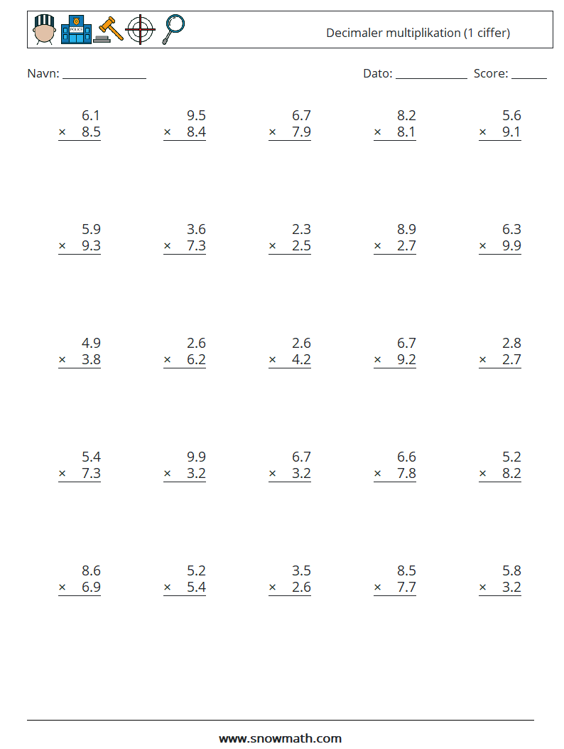 (25) Decimaler multiplikation (1 ciffer) Matematiske regneark 2