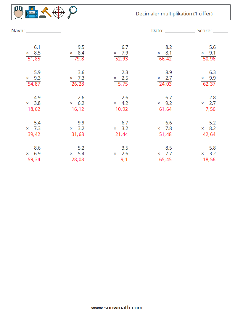 (25) Decimaler multiplikation (1 ciffer) Matematiske regneark 2 Spørgsmål, svar