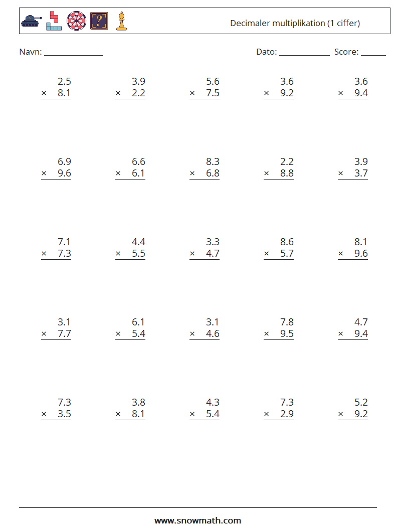 (25) Decimaler multiplikation (1 ciffer) Matematiske regneark 3