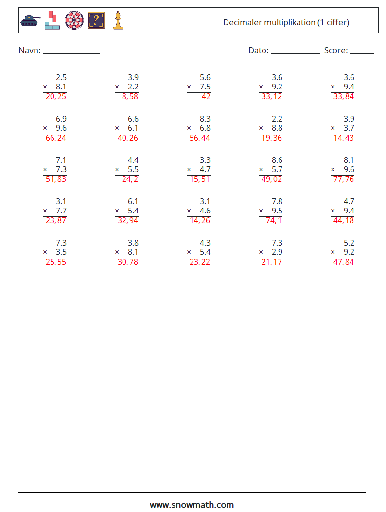 (25) Decimaler multiplikation (1 ciffer) Matematiske regneark 3 Spørgsmål, svar