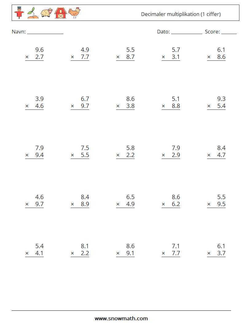 (25) Decimaler multiplikation (1 ciffer) Matematiske regneark 4
