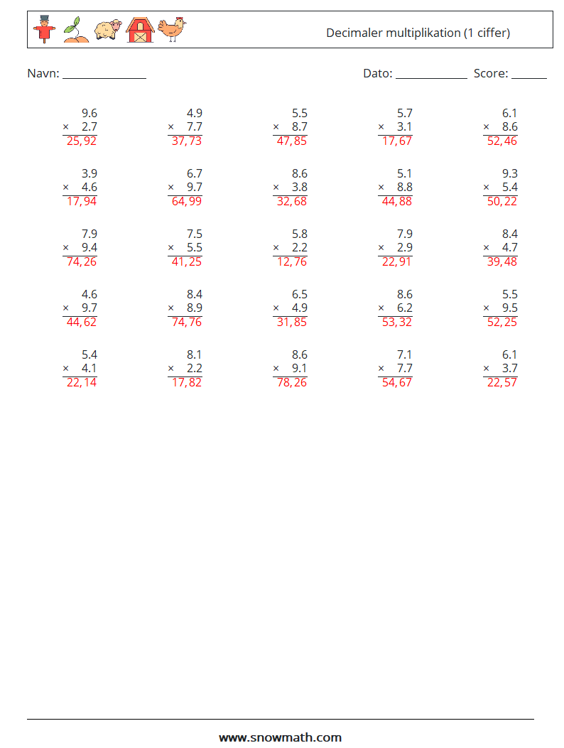 (25) Decimaler multiplikation (1 ciffer) Matematiske regneark 4 Spørgsmål, svar