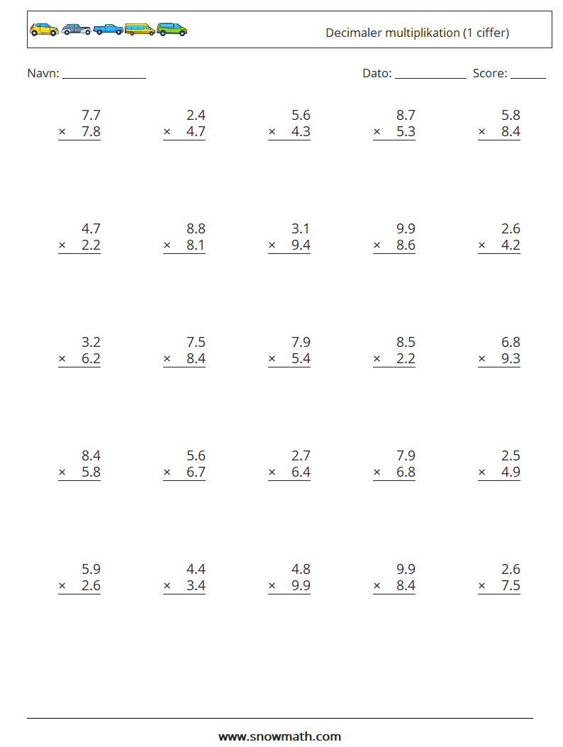 (25) Decimaler multiplikation (1 ciffer) Matematiske regneark 5