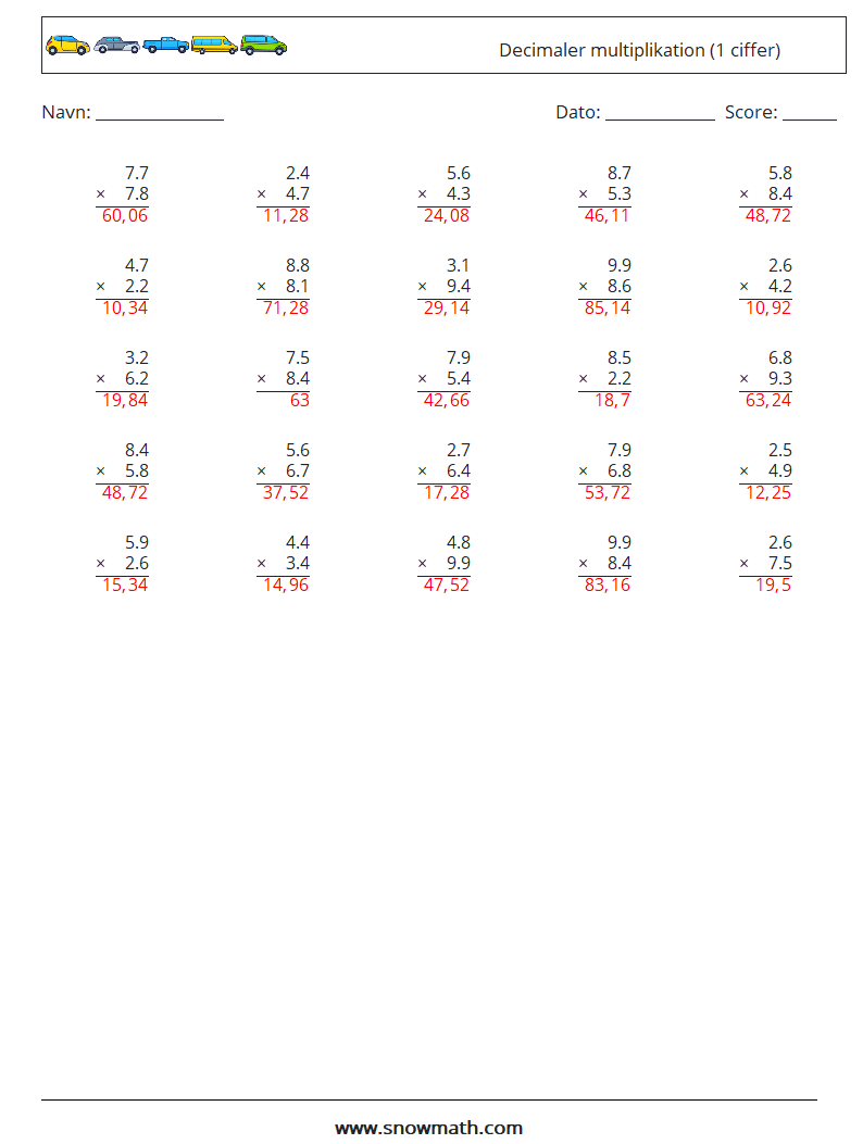 (25) Decimaler multiplikation (1 ciffer) Matematiske regneark 5 Spørgsmål, svar