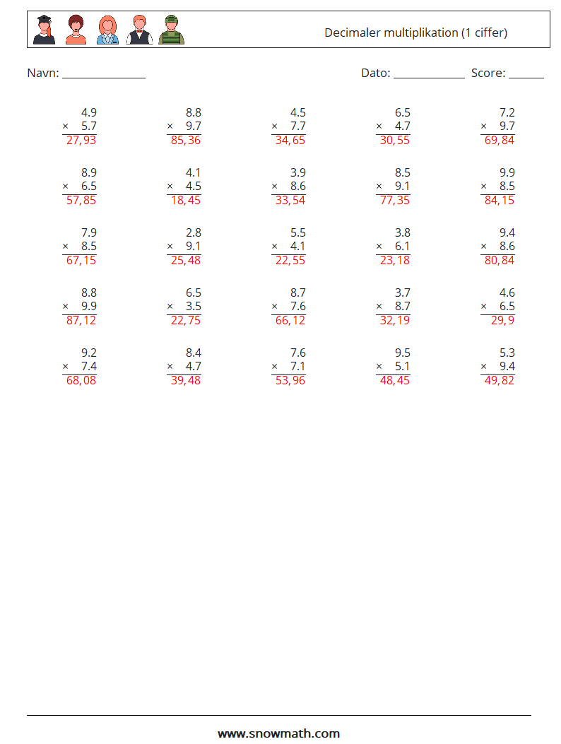 (25) Decimaler multiplikation (1 ciffer) Matematiske regneark 6 Spørgsmål, svar