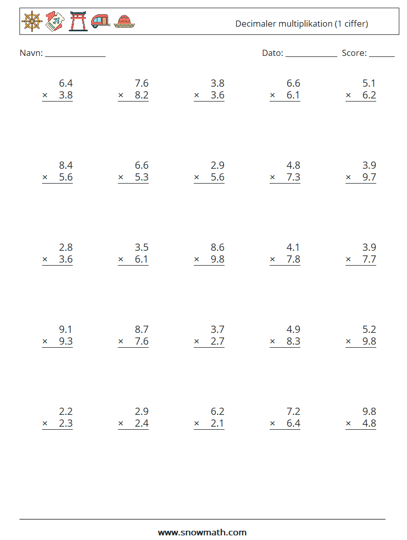(25) Decimaler multiplikation (1 ciffer) Matematiske regneark 7