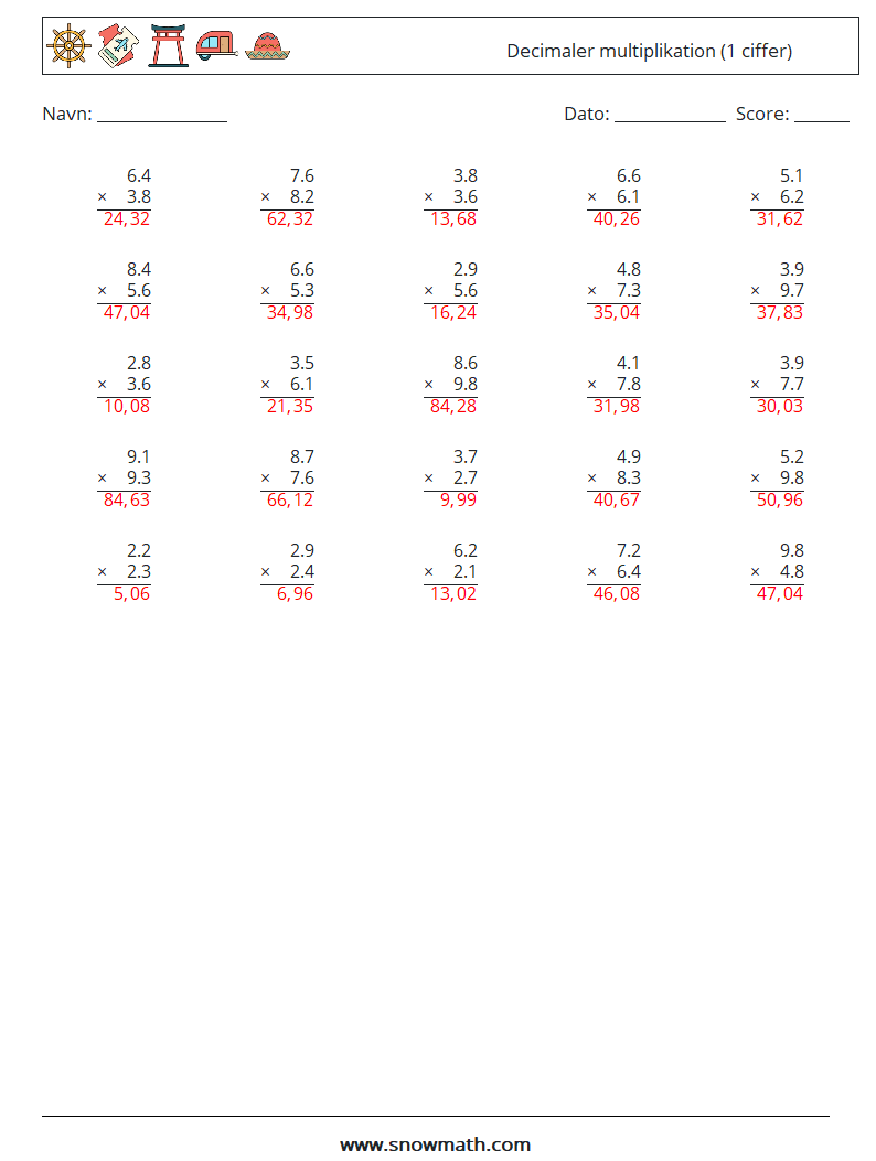 (25) Decimaler multiplikation (1 ciffer) Matematiske regneark 7 Spørgsmål, svar