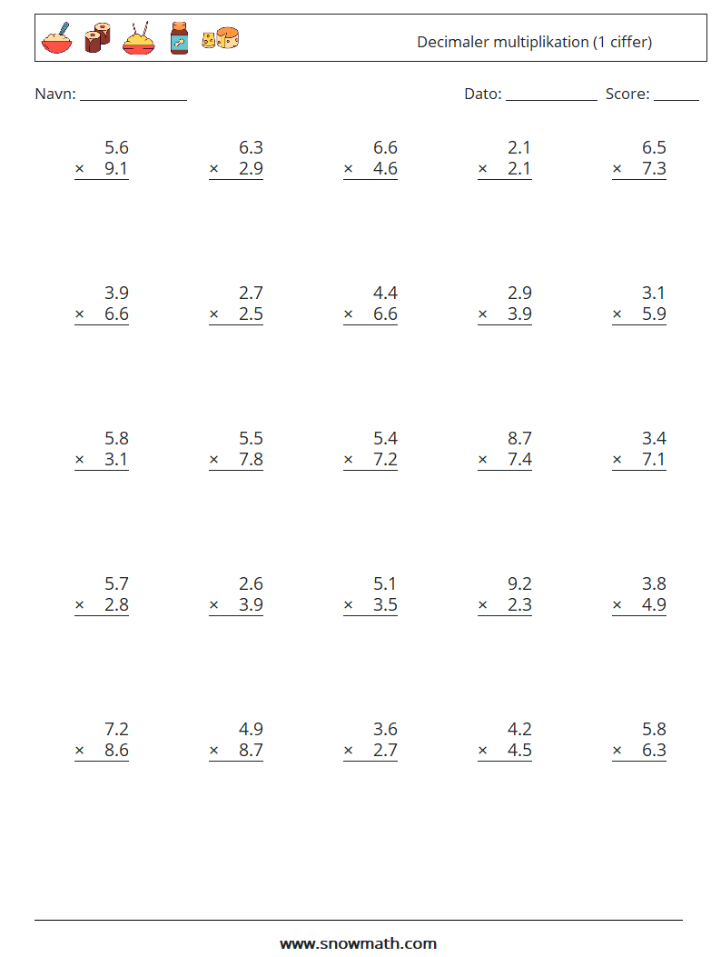 (25) Decimaler multiplikation (1 ciffer) Matematiske regneark 8