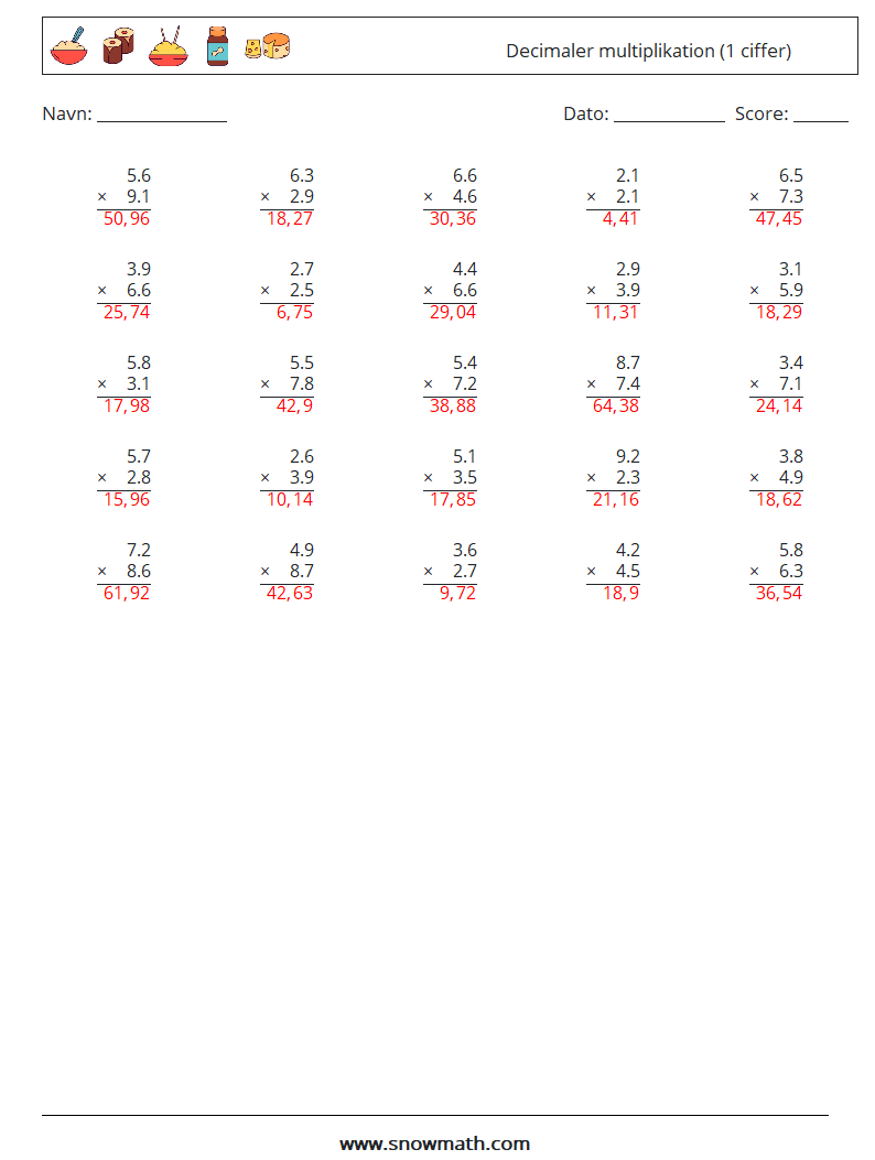 (25) Decimaler multiplikation (1 ciffer) Matematiske regneark 8 Spørgsmål, svar