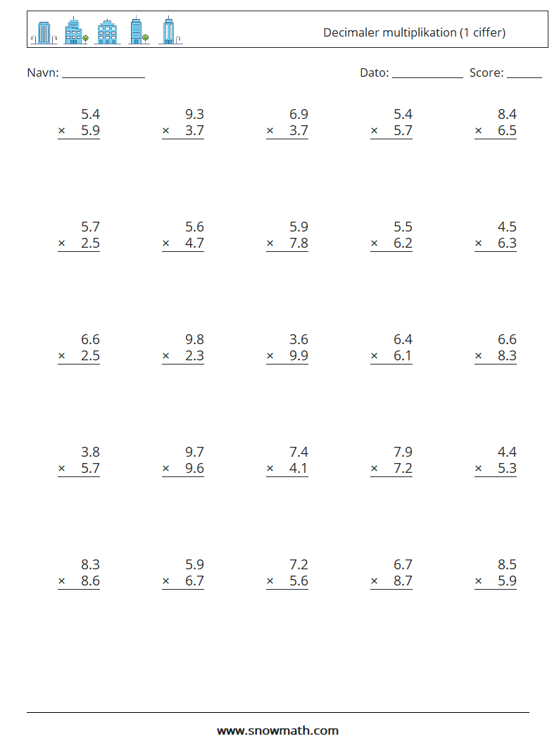 (25) Decimaler multiplikation (1 ciffer) Matematiske regneark 9