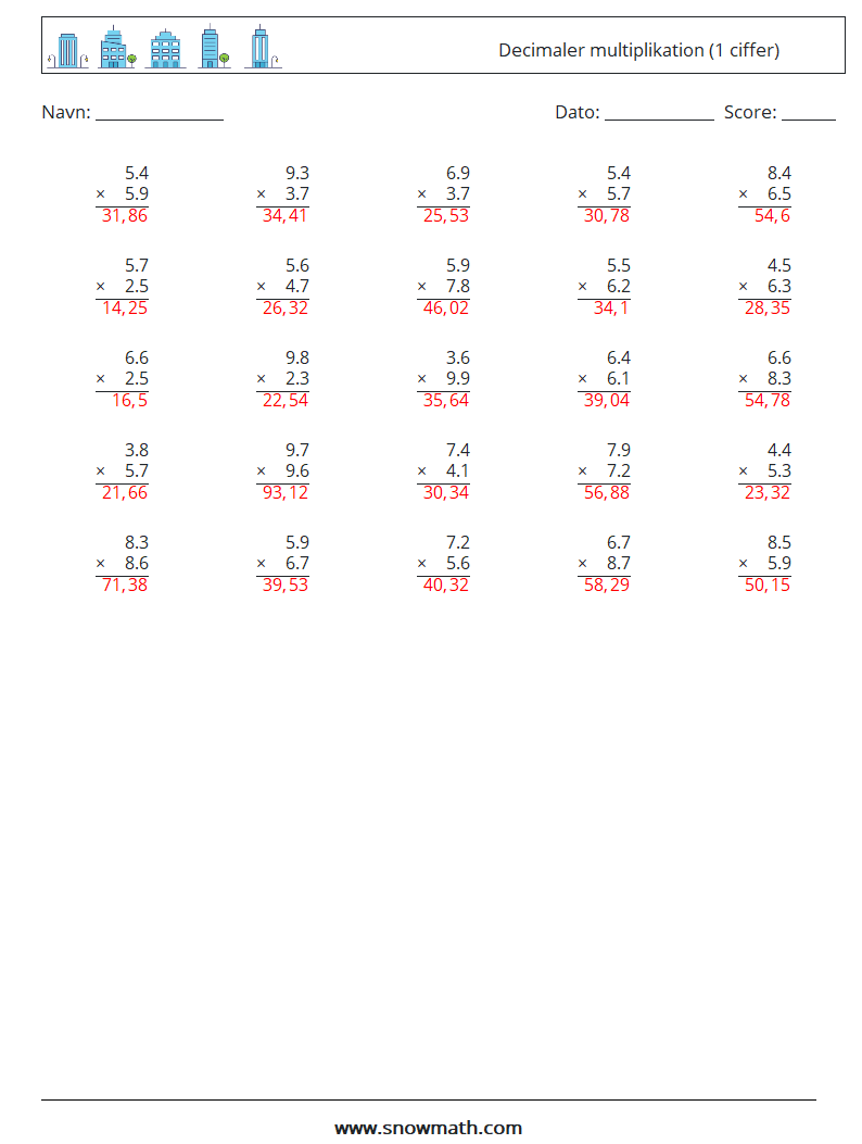 (25) Decimaler multiplikation (1 ciffer) Matematiske regneark 9 Spørgsmål, svar