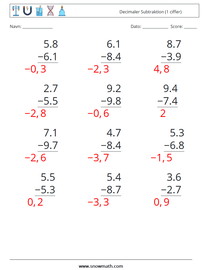 (12) Decimaler Subtraktion (1 ciffer) Matematiske regneark 10 Spørgsmål, svar