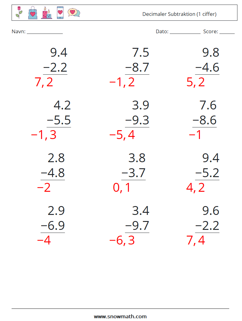 (12) Decimaler Subtraktion (1 ciffer) Matematiske regneark 11 Spørgsmål, svar
