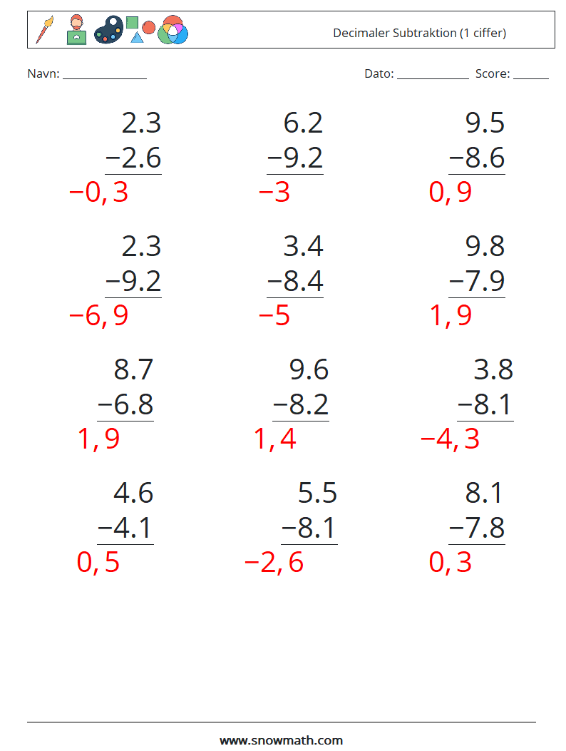 (12) Decimaler Subtraktion (1 ciffer) Matematiske regneark 15 Spørgsmål, svar