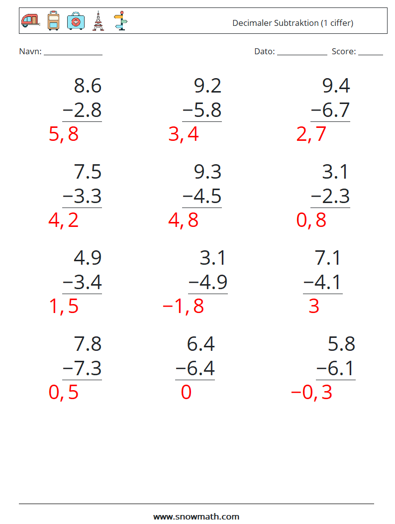 (12) Decimaler Subtraktion (1 ciffer) Matematiske regneark 18 Spørgsmål, svar