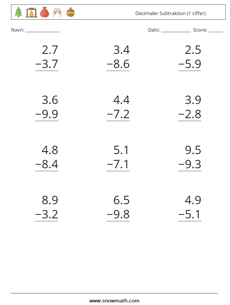 (12) Decimaler Subtraktion (1 ciffer) Matematiske regneark 2