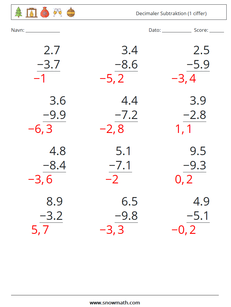 (12) Decimaler Subtraktion (1 ciffer) Matematiske regneark 2 Spørgsmål, svar