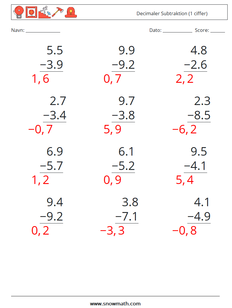 (12) Decimaler Subtraktion (1 ciffer) Matematiske regneark 3 Spørgsmål, svar