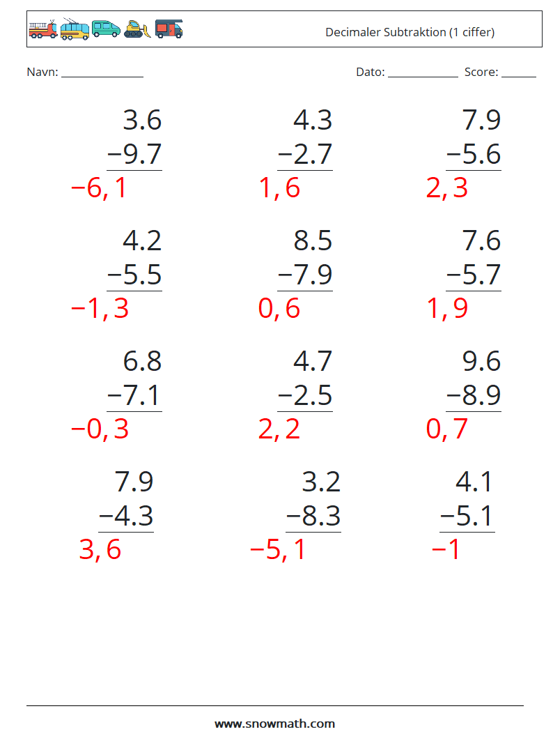 (12) Decimaler Subtraktion (1 ciffer) Matematiske regneark 4 Spørgsmål, svar