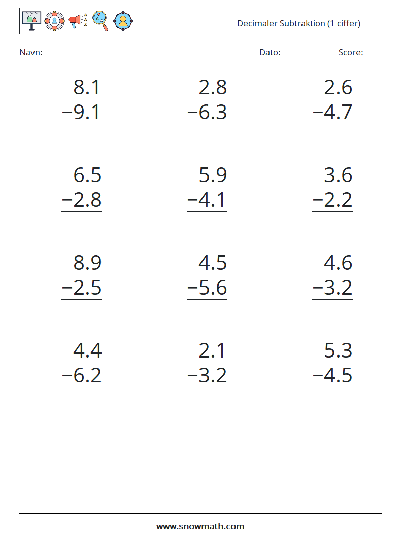 (12) Decimaler Subtraktion (1 ciffer) Matematiske regneark 5