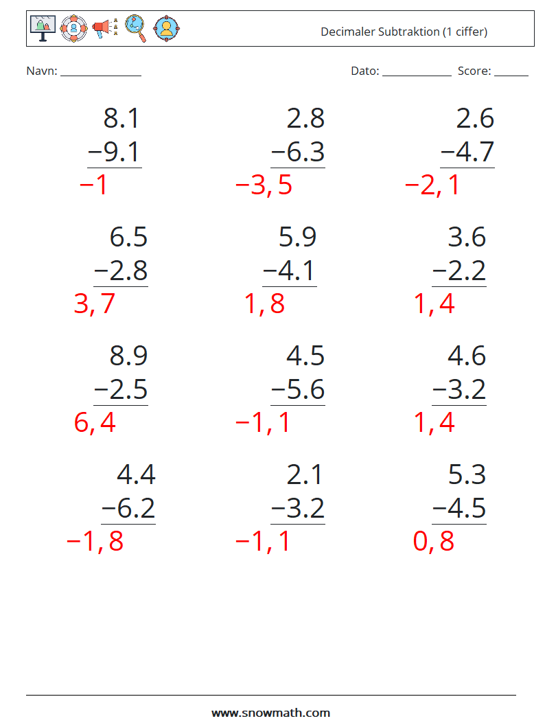 (12) Decimaler Subtraktion (1 ciffer) Matematiske regneark 5 Spørgsmål, svar