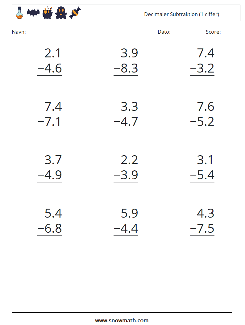 (12) Decimaler Subtraktion (1 ciffer) Matematiske regneark 6