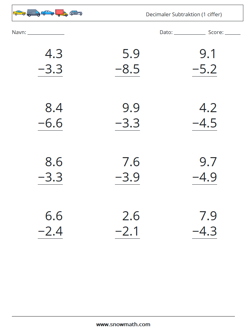 (12) Decimaler Subtraktion (1 ciffer) Matematiske regneark 7