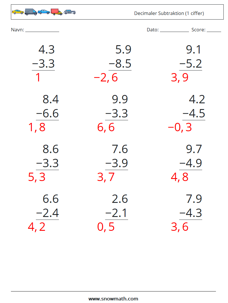 (12) Decimaler Subtraktion (1 ciffer) Matematiske regneark 7 Spørgsmål, svar
