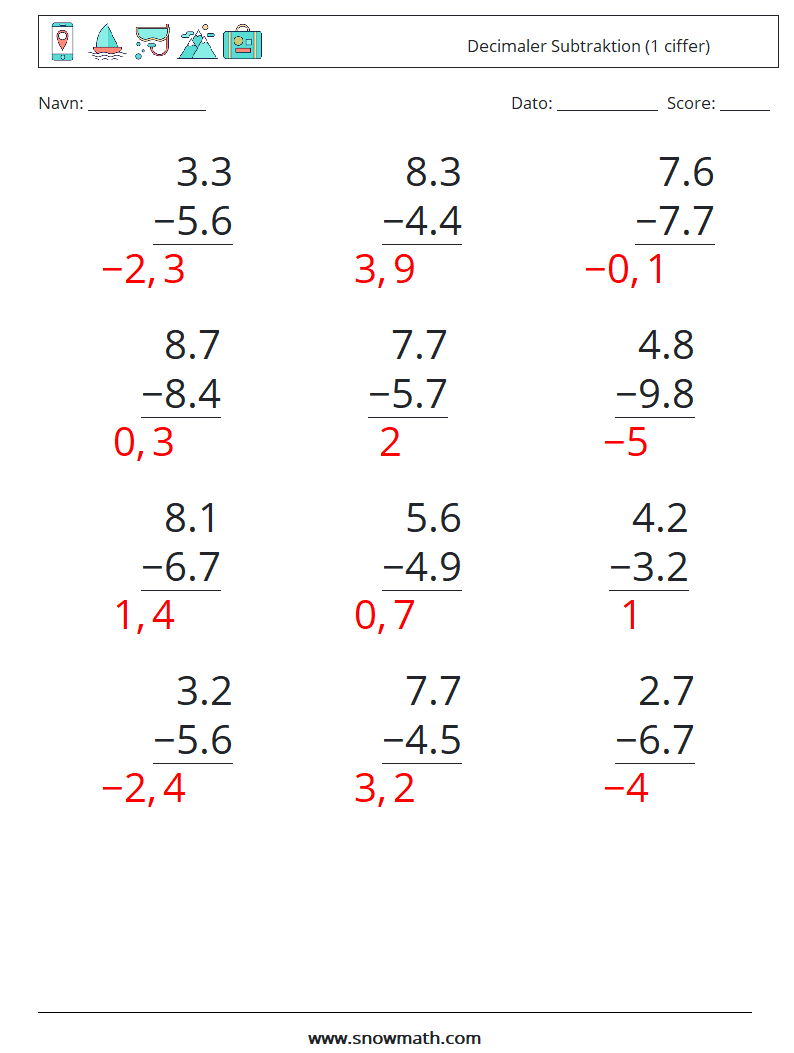 (12) Decimaler Subtraktion (1 ciffer) Matematiske regneark 9 Spørgsmål, svar