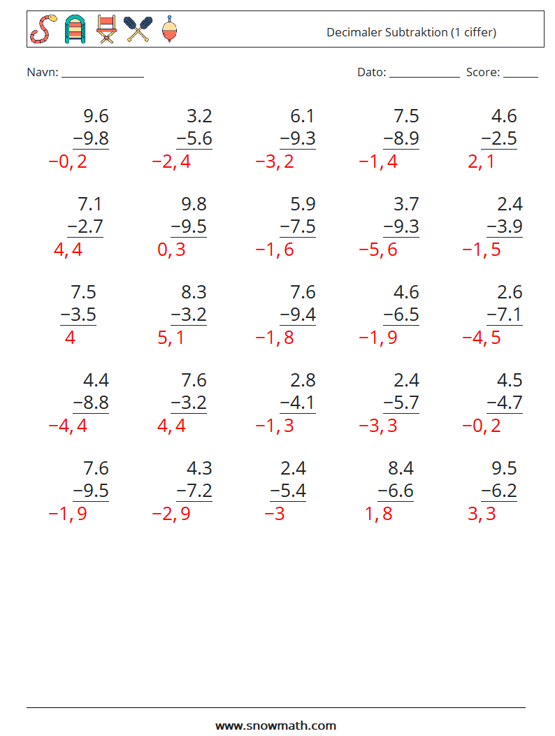 (25) Decimaler Subtraktion (1 ciffer) Matematiske regneark 11 Spørgsmål, svar