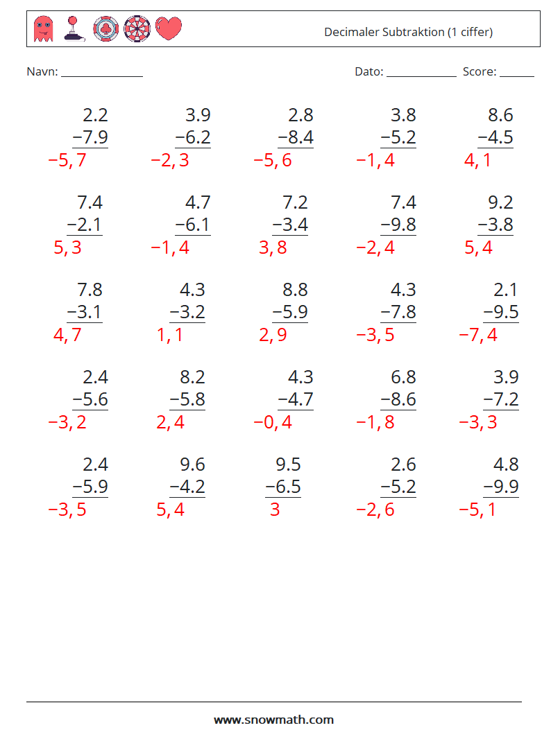 (25) Decimaler Subtraktion (1 ciffer) Matematiske regneark 12 Spørgsmål, svar