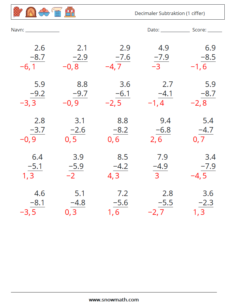 (25) Decimaler Subtraktion (1 ciffer) Matematiske regneark 13 Spørgsmål, svar