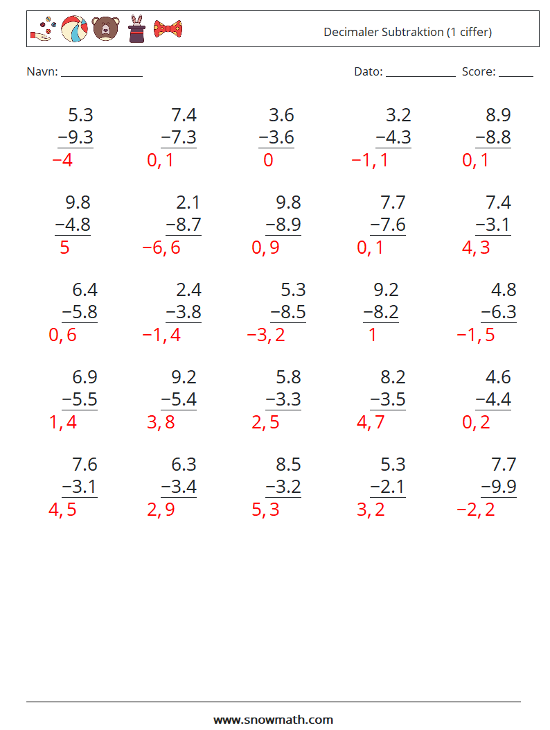(25) Decimaler Subtraktion (1 ciffer) Matematiske regneark 14 Spørgsmål, svar
