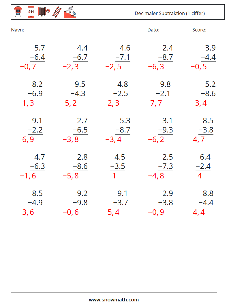 (25) Decimaler Subtraktion (1 ciffer) Matematiske regneark 16 Spørgsmål, svar