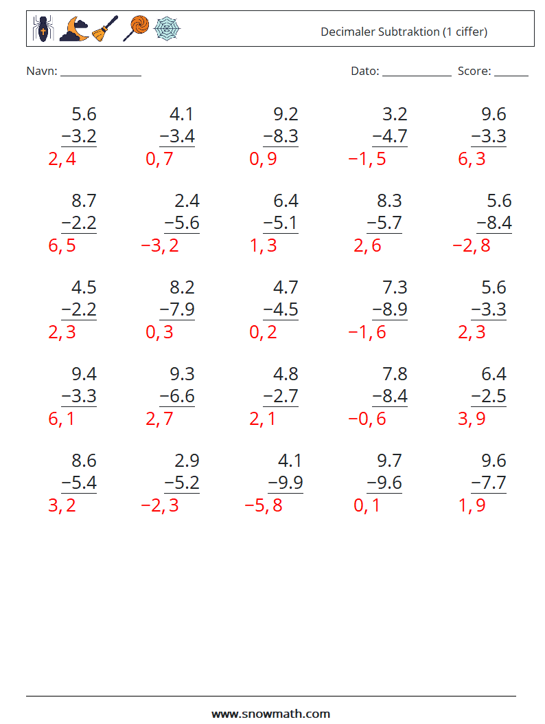(25) Decimaler Subtraktion (1 ciffer) Matematiske regneark 18 Spørgsmål, svar