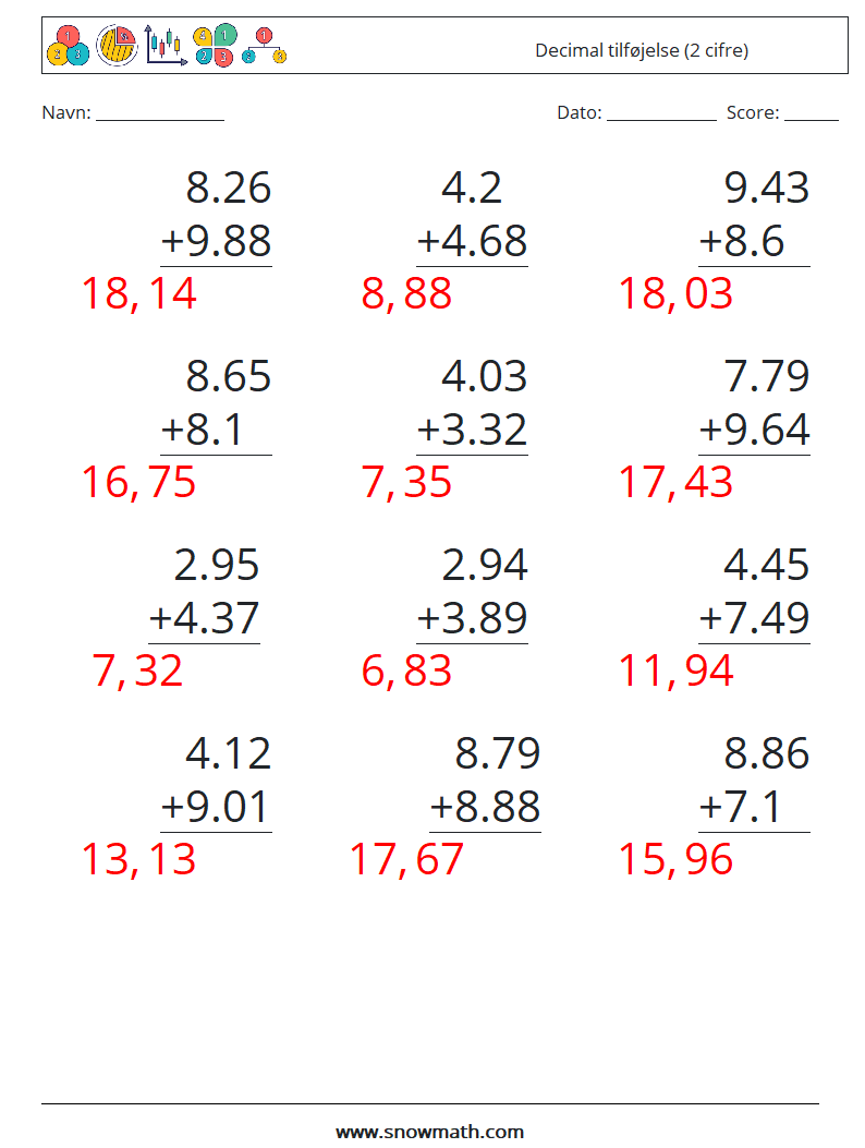 (12) Decimal tilføjelse (2 cifre) Matematiske regneark 12 Spørgsmål, svar