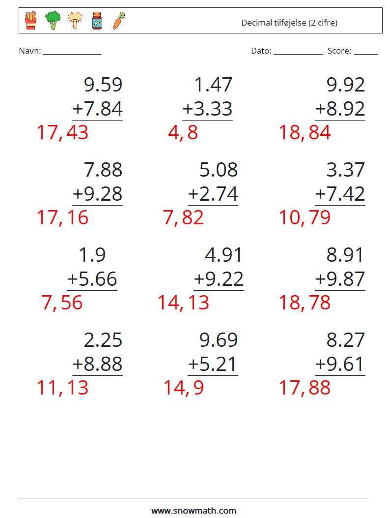 (12) Decimal tilføjelse (2 cifre) Matematiske regneark 13 Spørgsmål, svar