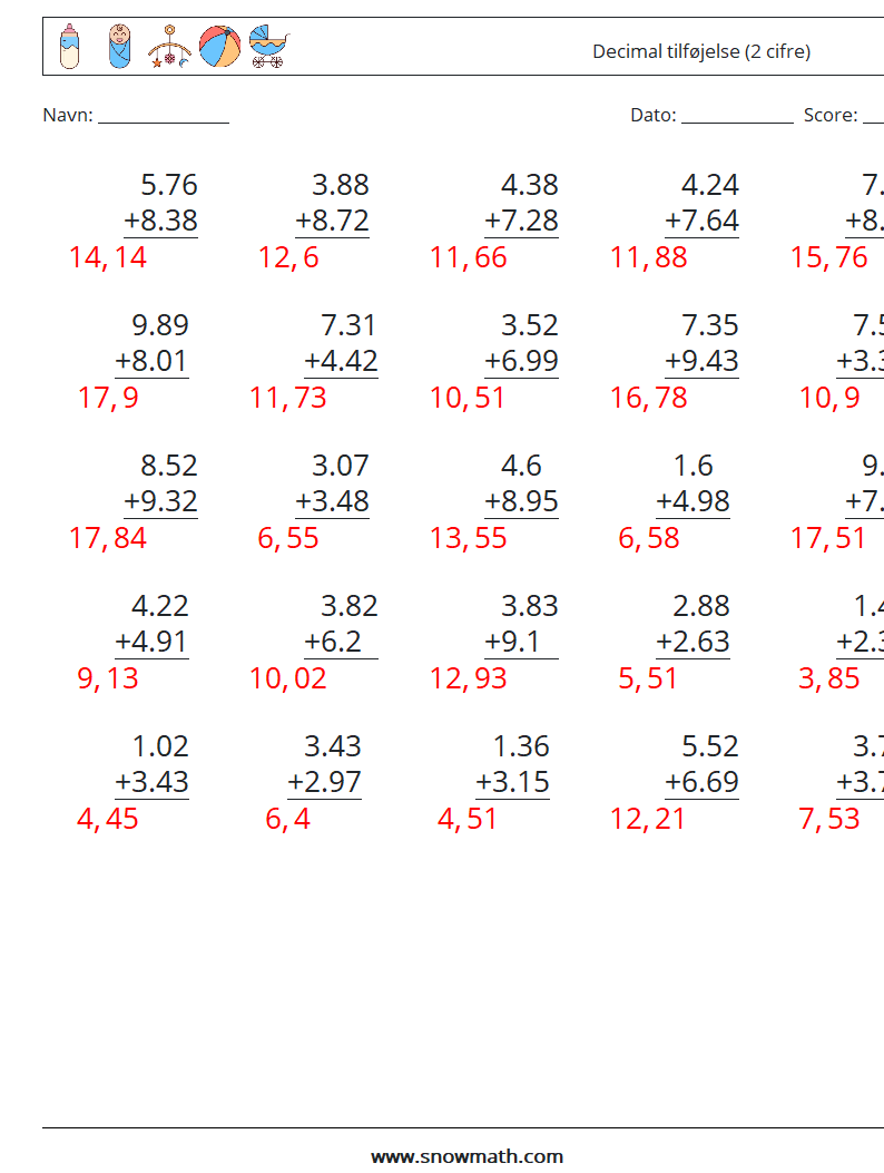 (25) Decimal tilføjelse (2 cifre) Matematiske regneark 13 Spørgsmål, svar