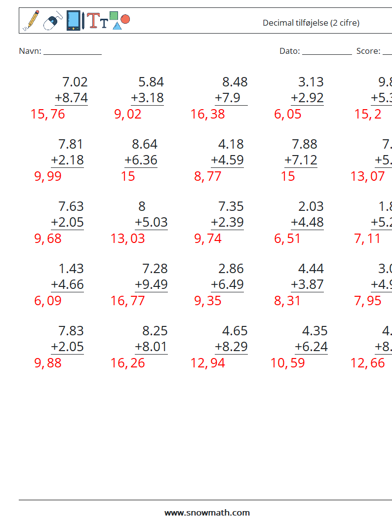 (25) Decimal tilføjelse (2 cifre) Matematiske regneark 14 Spørgsmål, svar