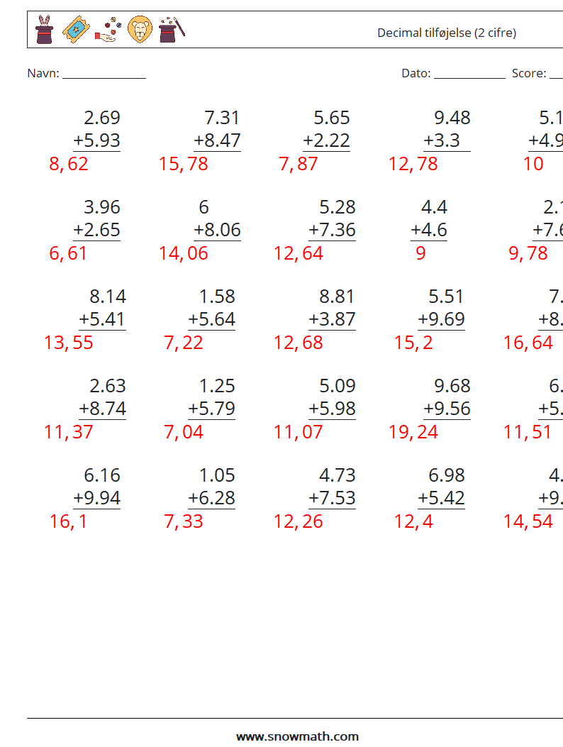 (25) Decimal tilføjelse (2 cifre) Matematiske regneark 17 Spørgsmål, svar