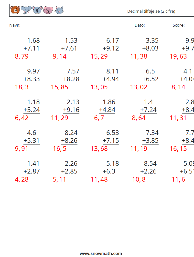 (25) Decimal tilføjelse (2 cifre) Matematiske regneark 18 Spørgsmål, svar