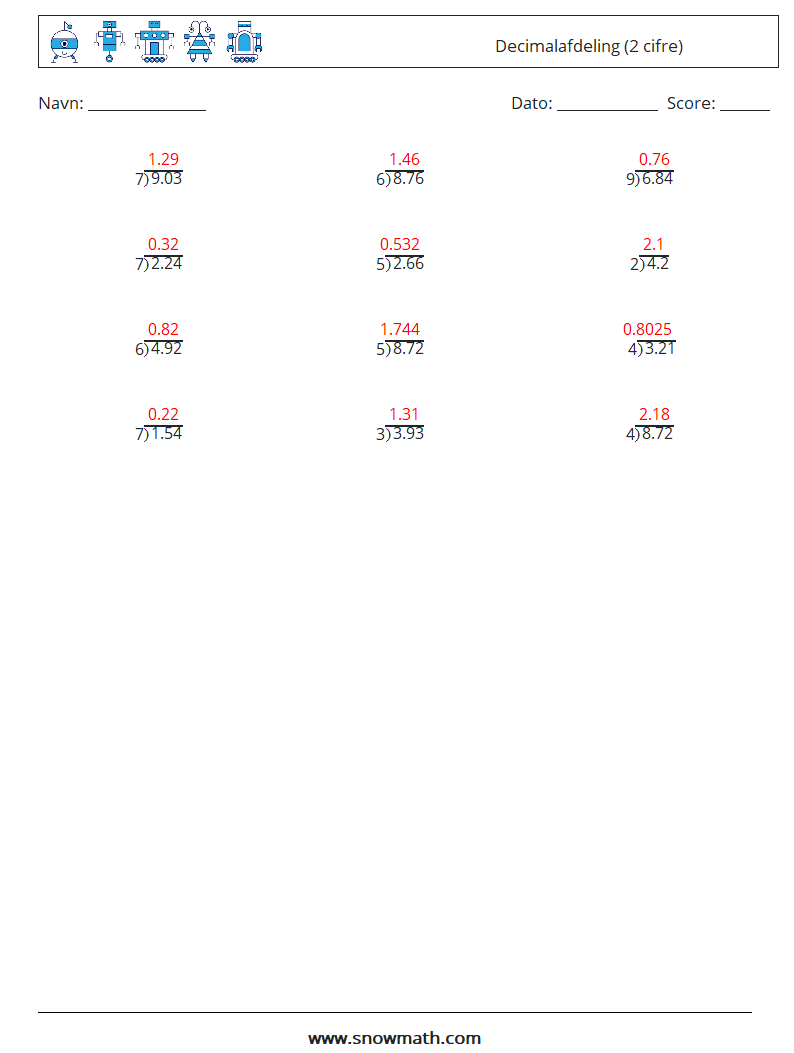 (12) Decimalafdeling (2 cifre) Matematiske regneark 10 Spørgsmål, svar